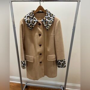 Vintage Camel Women's Coat with Leopard Trim